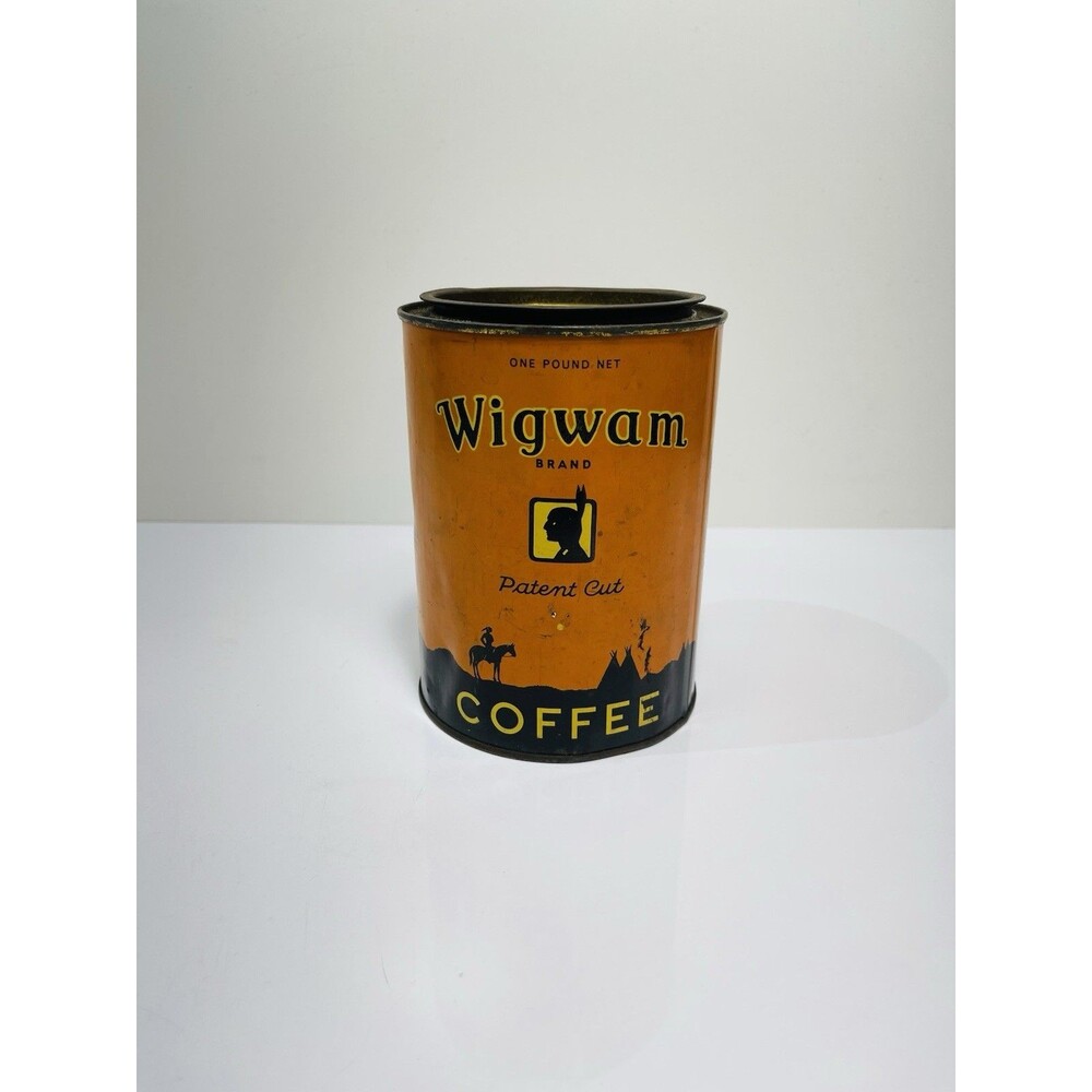 ANTIQUE WIGWAM COFFEE TIN LITHO 1LB CAN NATIVE AMERICAN INDIAN OLD WEST GROCERY